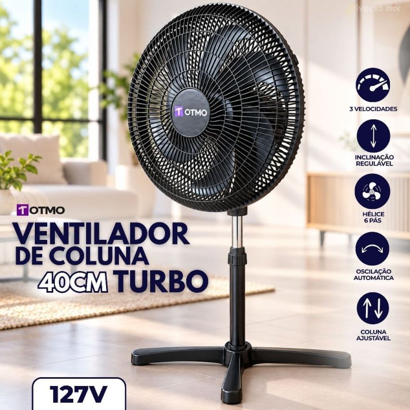 Ventilador de Coluna Ajustável 40cm 6 Pás 3 Velocidades Turbo Inclinável 127V OTMO