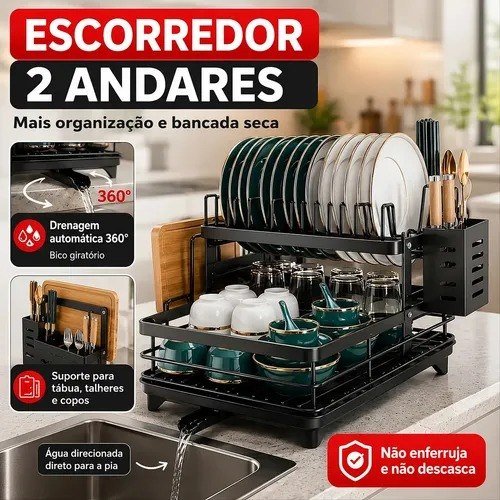 Escorredor De Louça Inoxidável 2 Andares Drenagem Automática