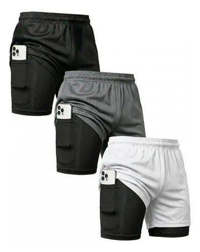 Kit 3 Shorts 2 Em 1 Duplo Bolso Para Academia Treino Corrida