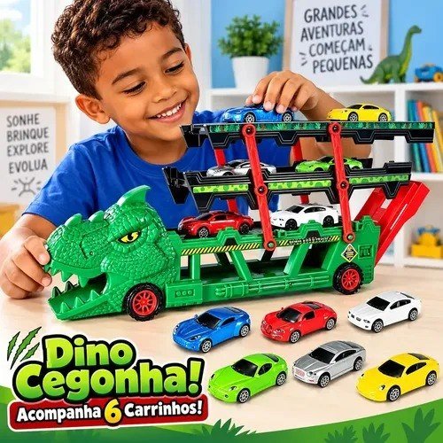 Caminhão Cegonha Lançador Dino Truck Super Pista Dinossauro Carrinhos com 6 Carrinhos Completo Lança e Engole Carros