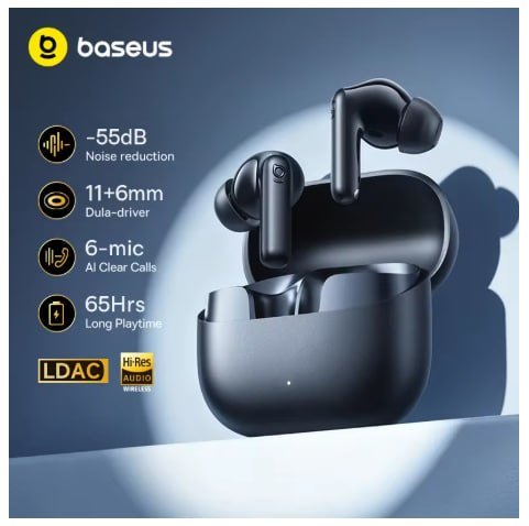 Fones de Ouvido Sem Fio Baseus Bass EP10 Ultra - Redução de Ruído de 55dB, 65 Horas de Duração de Bateria, Bluetooth 6.0, 6 Microfones