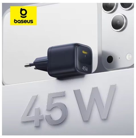 Carregador Baseus 45W GaN para iPhone 17 16 15 Pro Max Samsung Galaxy