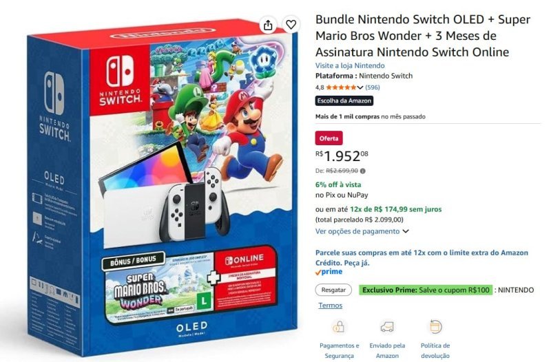 Bundle Nintendo Switch OLED + Super Mario Bros Wonder + 3 Meses de Assinatura Nintendo Switch Online