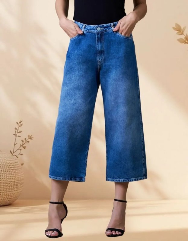 Calça Feminina Pantacourt Jeans 100% Algodão Wide Leg