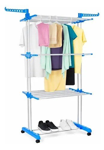 Varal De Apartamento Chão Aço Inox Resistente 3 Andares 2 Hastes Com 4 Rodas Dobrável Retrátil Multiuso