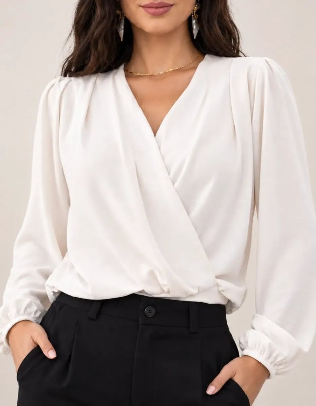 Camisa Cropped Duna Blusa Transpassada Manga Longa