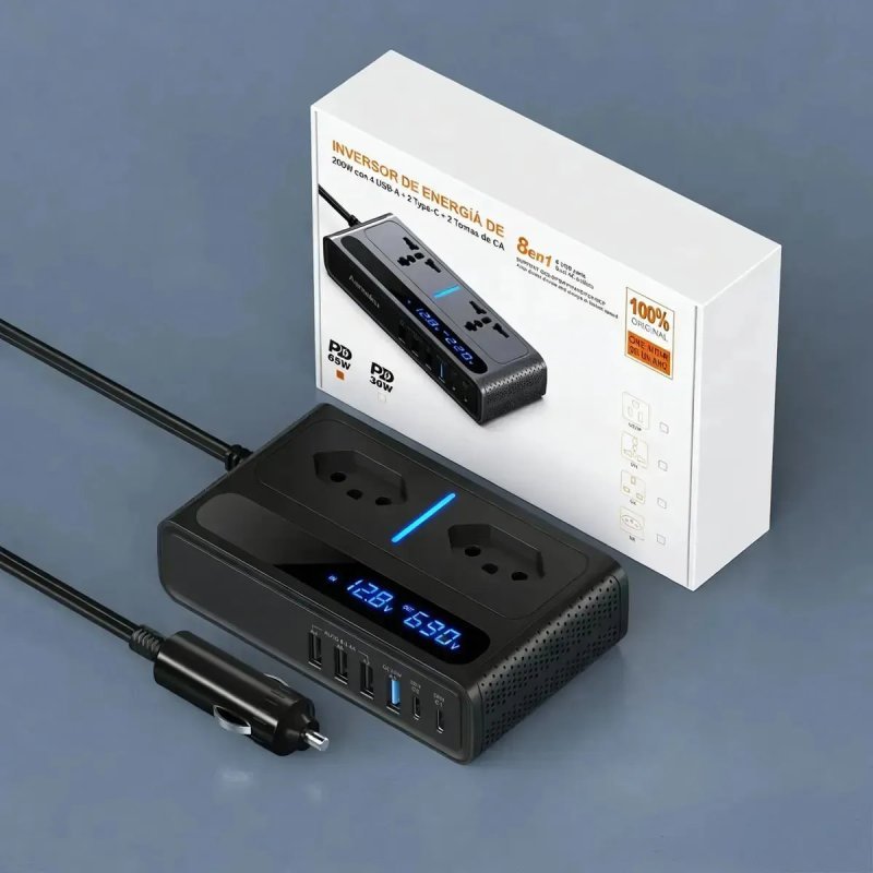 Inversor Veicular NTESX 12V para 600W Conversor de Energia com 2 Tomadas 6 USB USB-C PD Fast Charge para Carro Motorhome