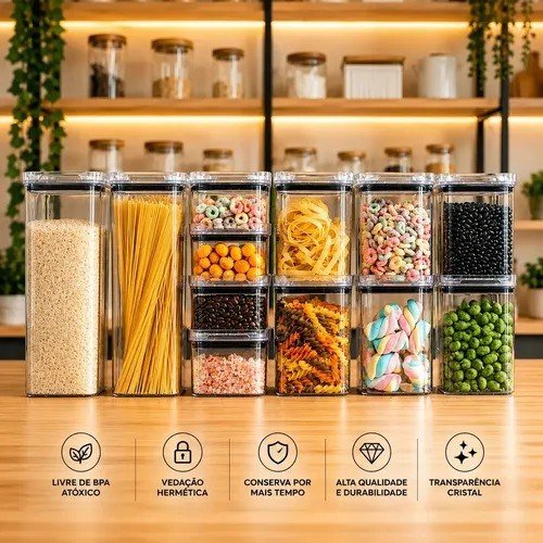 Kit Potes Porta Mantimento Hermético Quadrado Cozinha 12 Uni