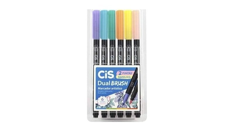 Caneta pincel dual Brush Aquarelável com 6 cores Pastel Cis
