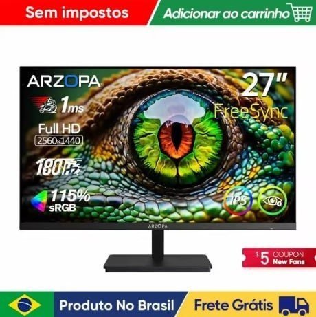 Monitor Arzopa Gamer 27" Qhd Fast Ips 180Hz 1Ms Hdmi Dp