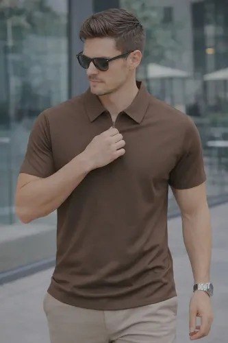 Camisa Polo Zíper Masculina Slim Fit Tecnológica Marrom Liso P