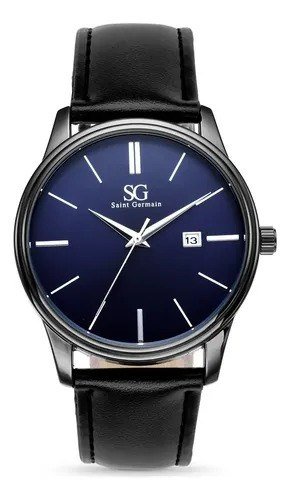 Relógio Masculino Couro Azul Caixa Prata Saint Germain 42mm Preto Azul-marinho