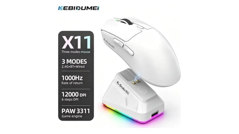 Mouse Sem Fio Kebidumei X11 Paw3311 Tri-Mode 12000 Dpi com Tela Rgb, Base de Carregamento Magnética e Compatível com Bluetooth, 2.4G e Fio