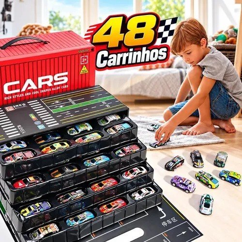 Kit 48 Super Carrinhos Infantil Com Garagem e Container