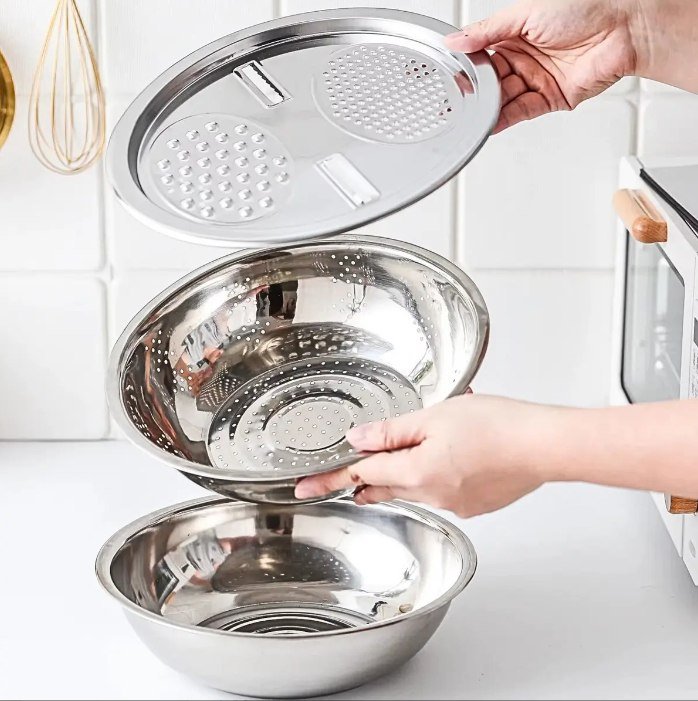 Bowl Kit 3 Em 1 Escorredor Massa Macarrão Ralador Inox + Frete Grátis