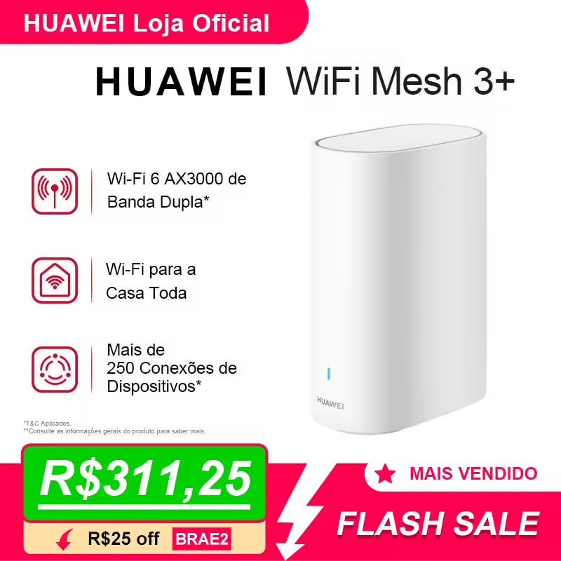 Huawei WiFi Mesh 3+ AX3000 Wi-Fi 6 Dual Band 2.4GHz/5GHz 2976Mbps 3 Portas Gigabit Mesh+ Roaming Seamless HUAWEI AI Life