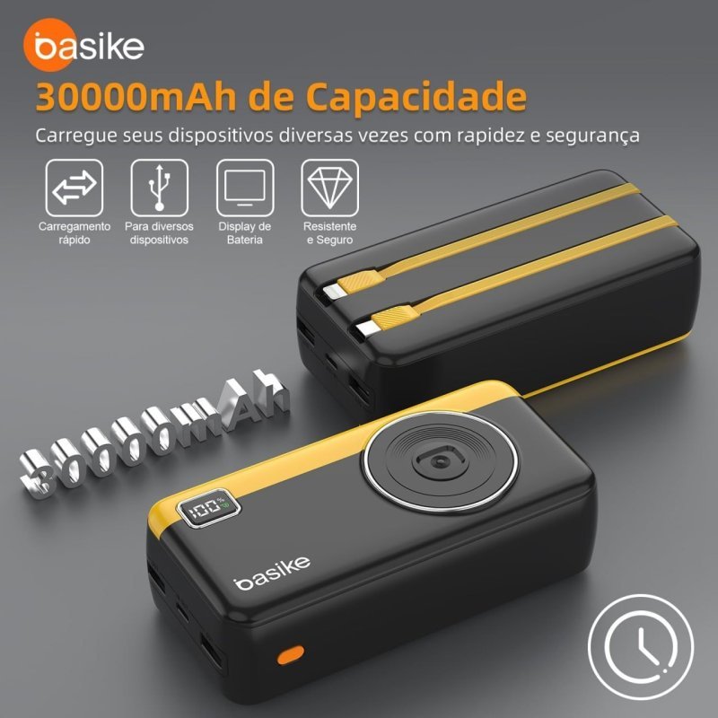 Power Bank 30000mAh, Basike Carregador Portátil com Cabo(Preto)