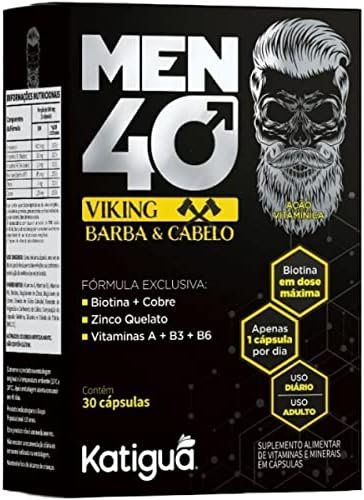 Katiguá Men 40 Viking Barba e Cabelo, Com Biotina + Cobre, Zinco Quelato, Vitamina A + B3 + B6, Sem sabor, Para Homens, 30 Cápsulas rígidas