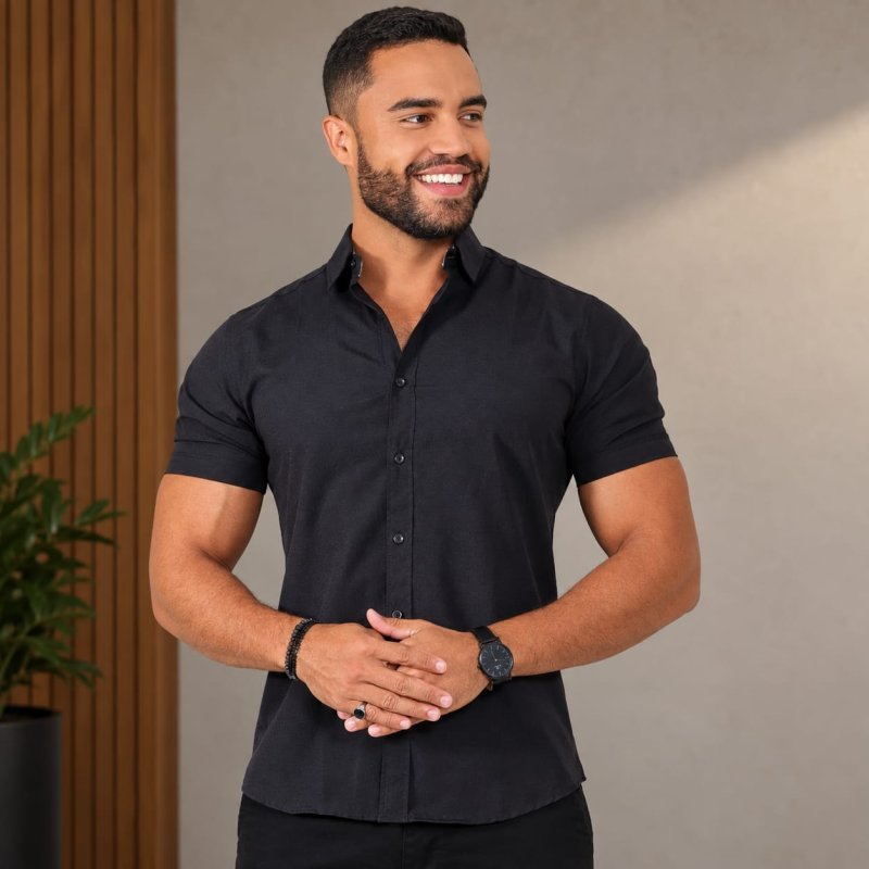 Camisa Social Masculina Manga Curta Slim Gola Italiana Lisa