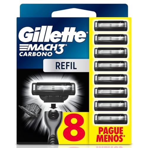 Gillette Mach3 Carbono Carga para Aparelho de Barbear com Carvão 8 Unidades