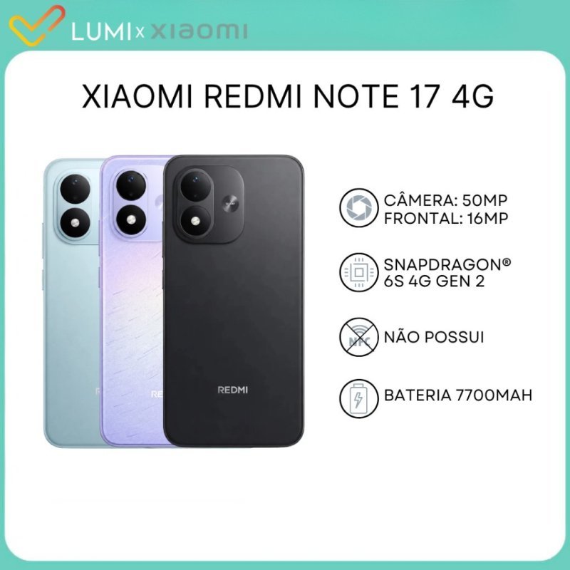 Xiaomi Redmi Note 17 4G 128GB Versão Global, Snapdragon® 6s 4G Gen 2, Bateria 7700mAh