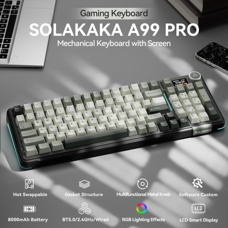 Teclado Mecânico Sem Fio Solakaka A99pro com 97 Teclas, Teclas Hot Swappable e Tela Tft