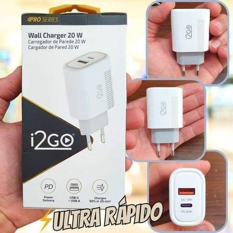 Carregador de Parede Ultra Rápido com 1 Saída USB-C Power Delivery 20W + 1 Saída USB-A 18W I2GO - i2GO PRO, Branco