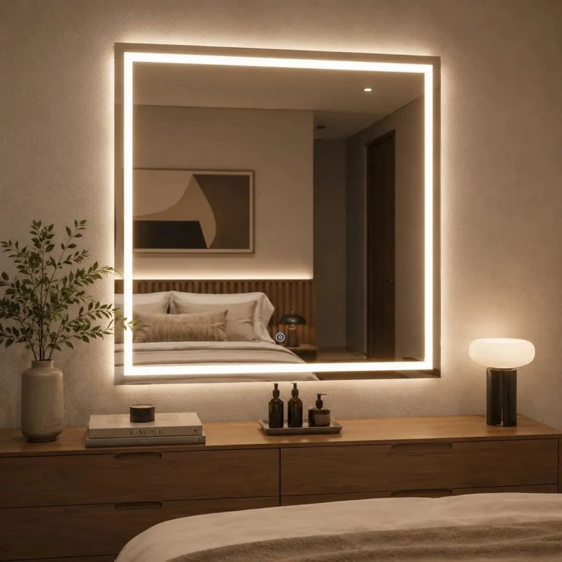 Espelho Quadrado 70x70 com LED 3 Cores, Touch e Acabamento