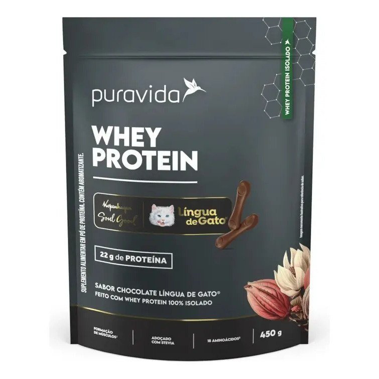 Proteína Isolada Do Soro De Leite Puravida Whey Isolado Em Pó Sabor Chocolate Língua De Gato 450g