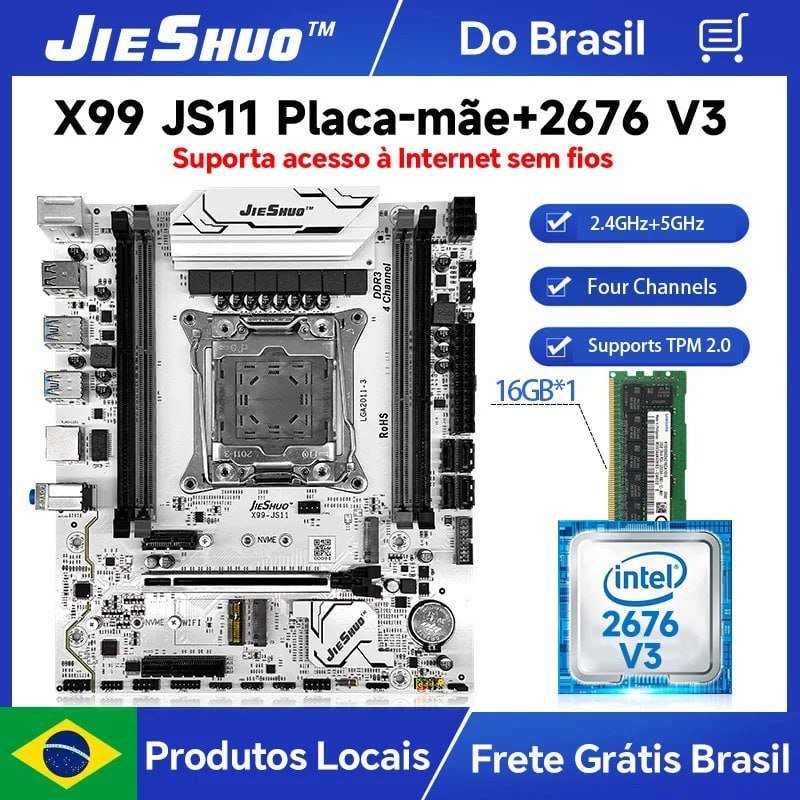 Kit Xeon x99 2676v3 Jieshuo JS11 aRGB + E5-2676 v3 + 16GB, Compatível com DDR3, Chipset C612, Módulo WiFi e TPM 2.0