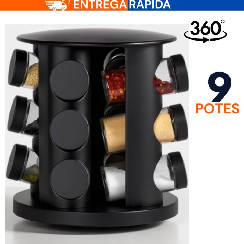 Porta Temperos Giratório 9 Potes Profissional Vidro Tampa Dosadora Preto Condimento Premium