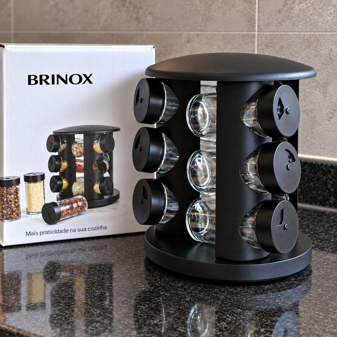 Porta Temperos Com 10 Potes de Vidro Brinox + Frete Grátis