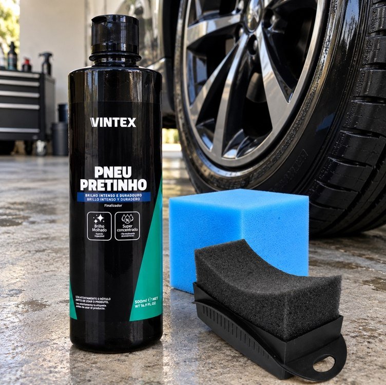 Vonixx Kit Pneu Pretinho 500ML Vintex Aplicador Pretinho com Esponja para Proteção e Brilho Intenso