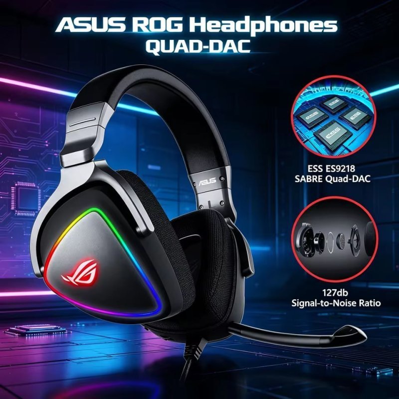 Headset ASUS ROG Delta Gamer USB com Quad-DAC, Som Surround 7.1, RGB Aura Sync e Microfone com Cancelamento de Ruído