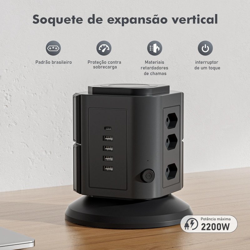 Tomada Vertical com 9 Tomadas 4 USB 1 Type-C 2200W Cabo 2m