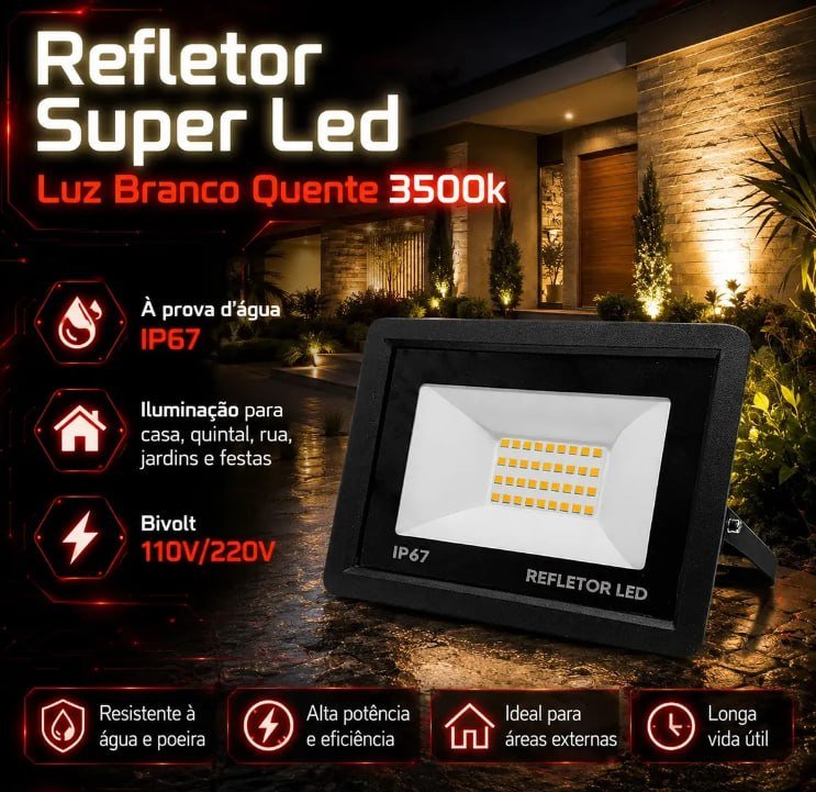 Kit 4 Refletores LED 300W UC68 Branco Quente 3500K IP67 Externo
