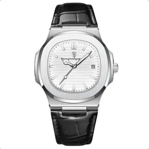 Relógio Classic Vintage Suíço Masculino Em Couro Esportivo Correia Preto Bisel Prateado Fundo Branco