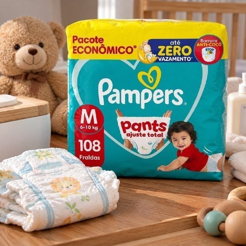 Fralda Pampers Pants Ajuste Total Tamanho M, 108 Unidades com Frete Grátis