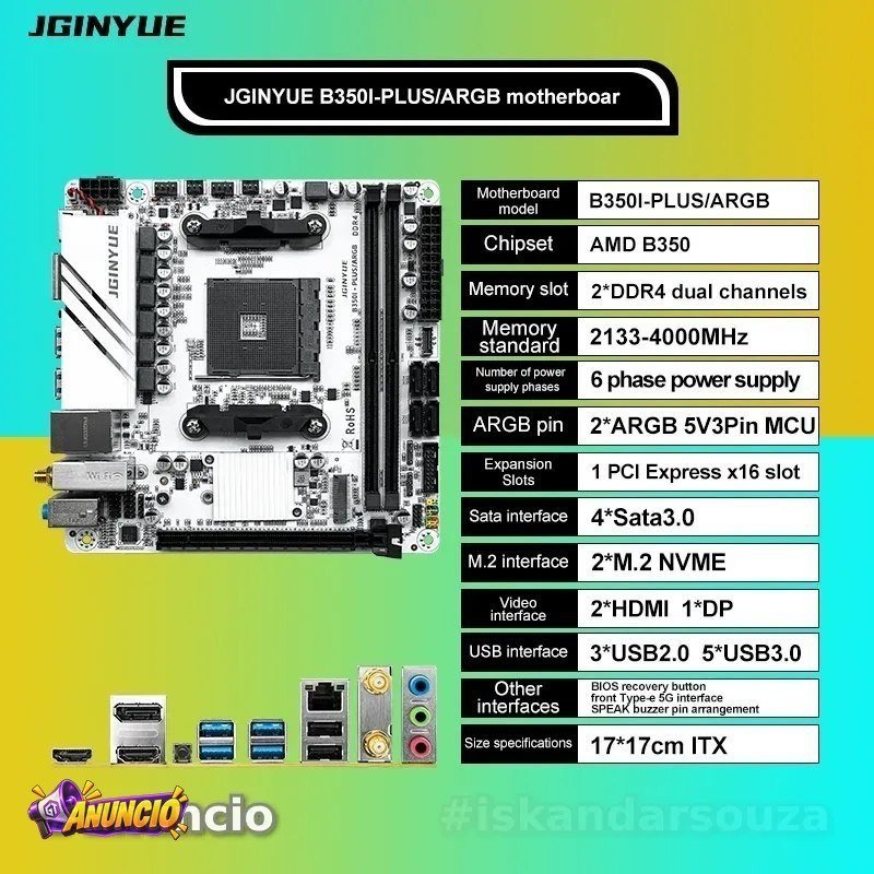 Placa mãe AM4 JGINYUE B350i ITX PLUS ARGB