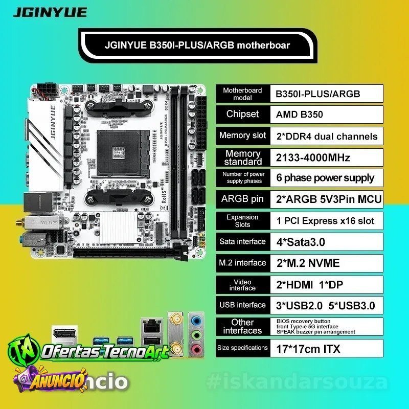 Placa mãe AM4 JGINYUE B350i ITX PLUS ARGB