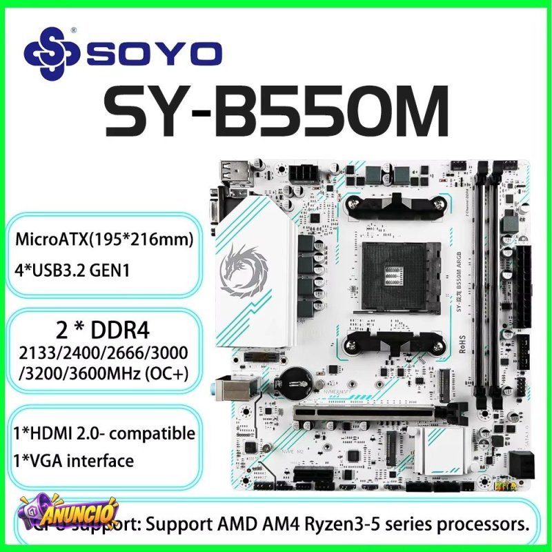 B550m Soyo White Placa Mãe DDR4 AM4 AMD Ryzen Branca
