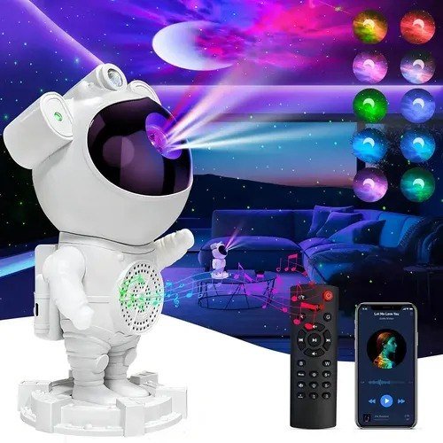Projetor Astronauta para Teto Galáxia com Caixa de Som Bluetooth e Luz Noturna LED