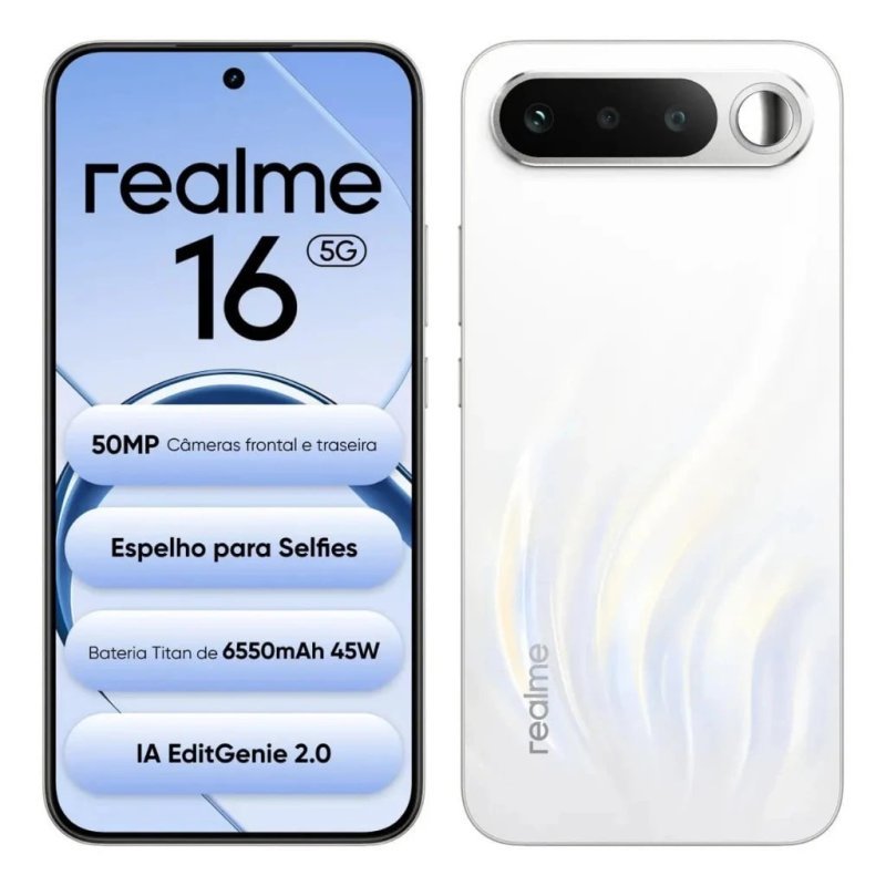 Realme 16 5G 256GB 12GB RAM Dual Sim Câmera De 50MP Bateria 6550mAh NFC IP69 Dimensity 6400 Turbo 5G