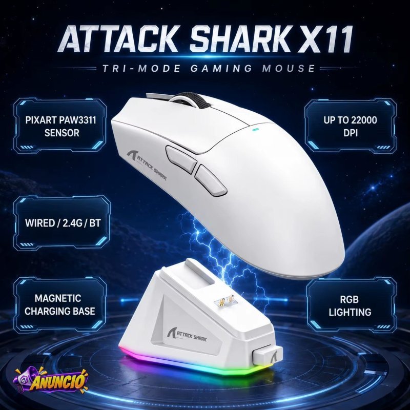 Mouse Sem Fio com Dock Attack Shark X11, Sensor PAW3311