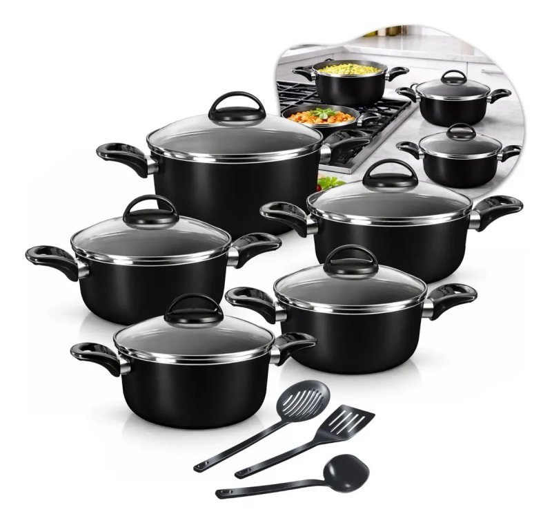 Conjunto de Panelas Caçarolas 5 Peças Antiaderente com 3 Utensílios e Tampa de Vidro Preto