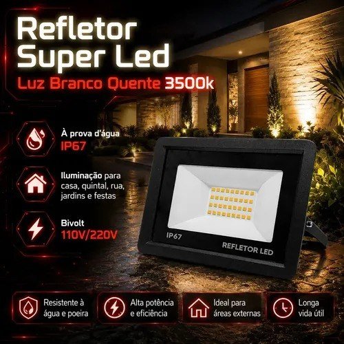 Kit 4 Refletores LED 300W UC68 Branco Quente 3500K IP67 Externo