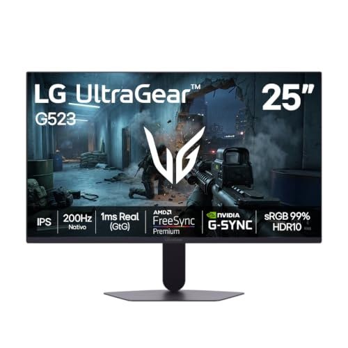 Monitor LG UltraGear - Tela IPS de 25”, 200Hz, 1ms (GtG), NVIDIA G-SYNC e AMD FreeSync Premium, HDR10, sRGB 99%, Preto - 25G523B