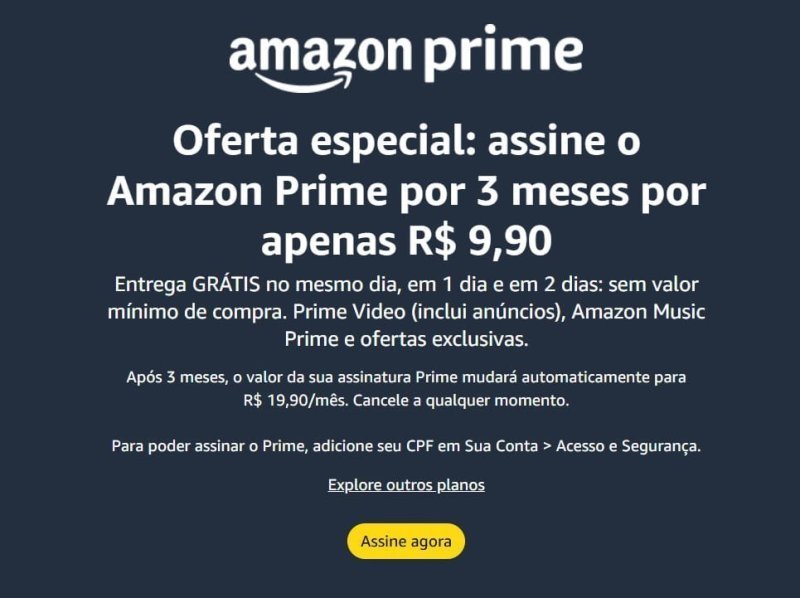 3 meses de assinatura Amazon Prime por R$9,90