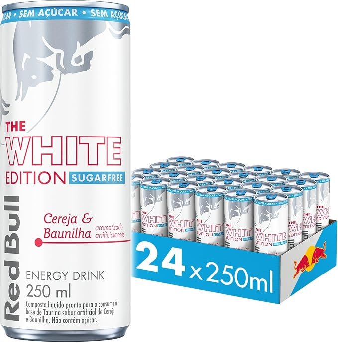 Red Bull Energético, White Edition, Cereja e Baunilha, Sem Açúcar, 250ml, 24 latas