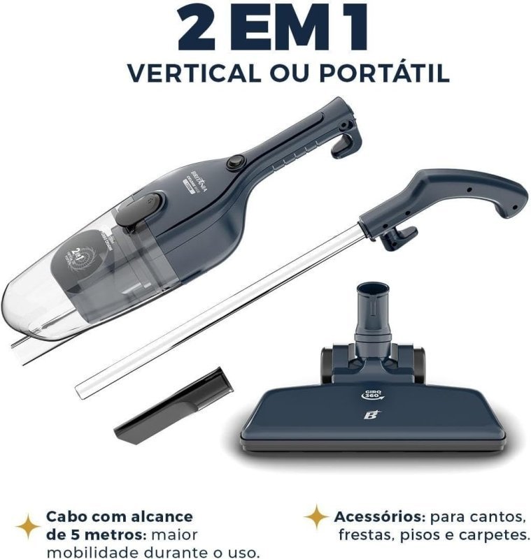 Aspirador de Pó Vertical Britânia 2 em 1 com Filtro Ciclone 1400W Bas30 1,5L Azul 220V